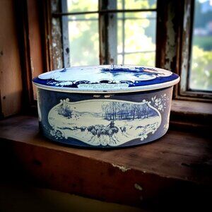 Dutch Droste Cacao Tin – Blue & White Oval Tin with Sailboats, Pastoral Scenes |